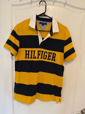 Tommy Hilfiger yellow navy striped spellout short sleeve preppy polo shirt med